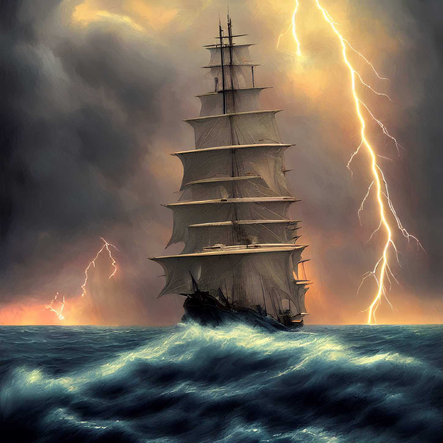 Sailing ship in stormy seas with lightning bolts