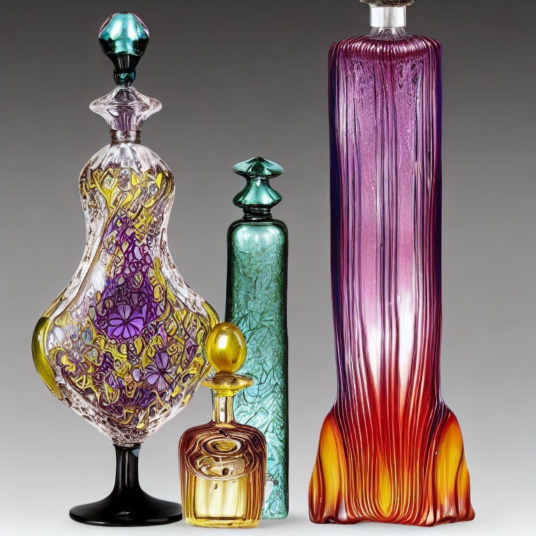 Three Ornate Glass Perfume Bottles with Varied Shapes and Colors