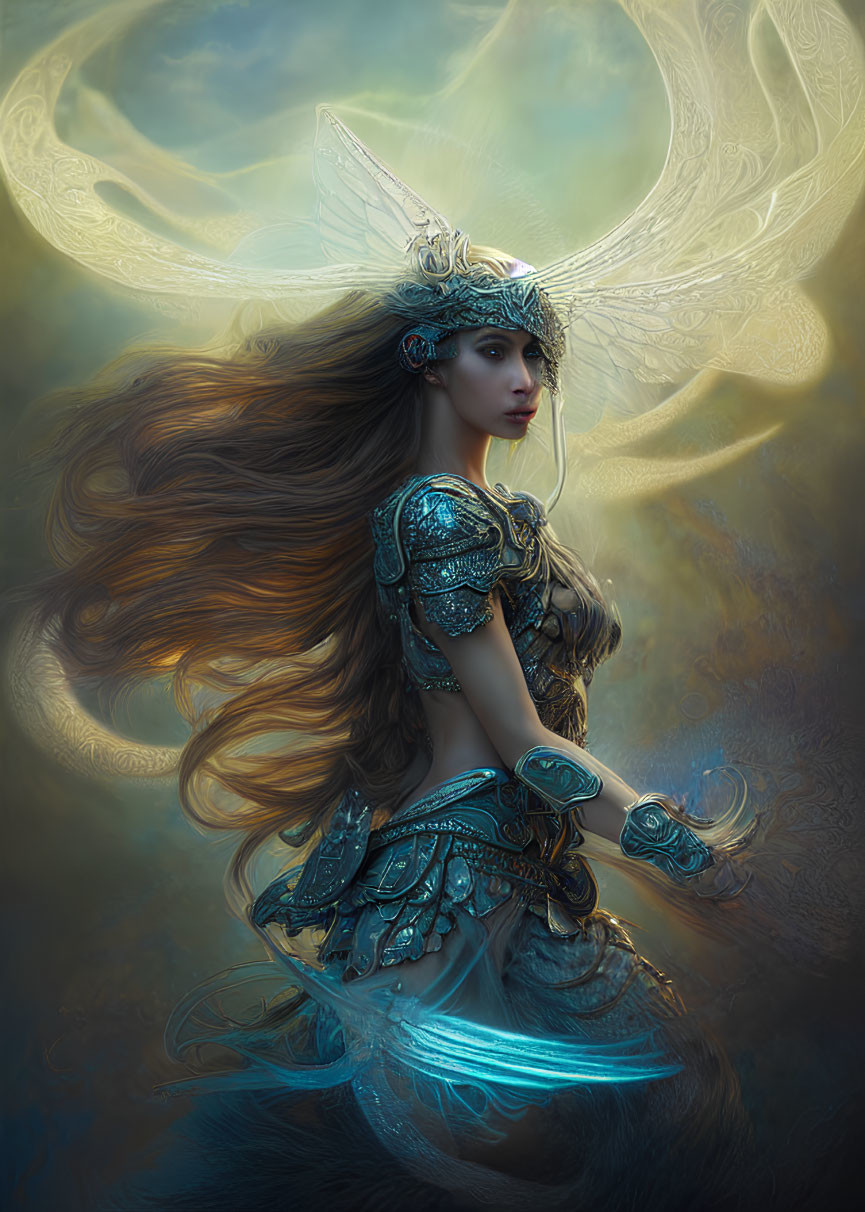 Fantastical female figure in ornate armor with insect-like wings.