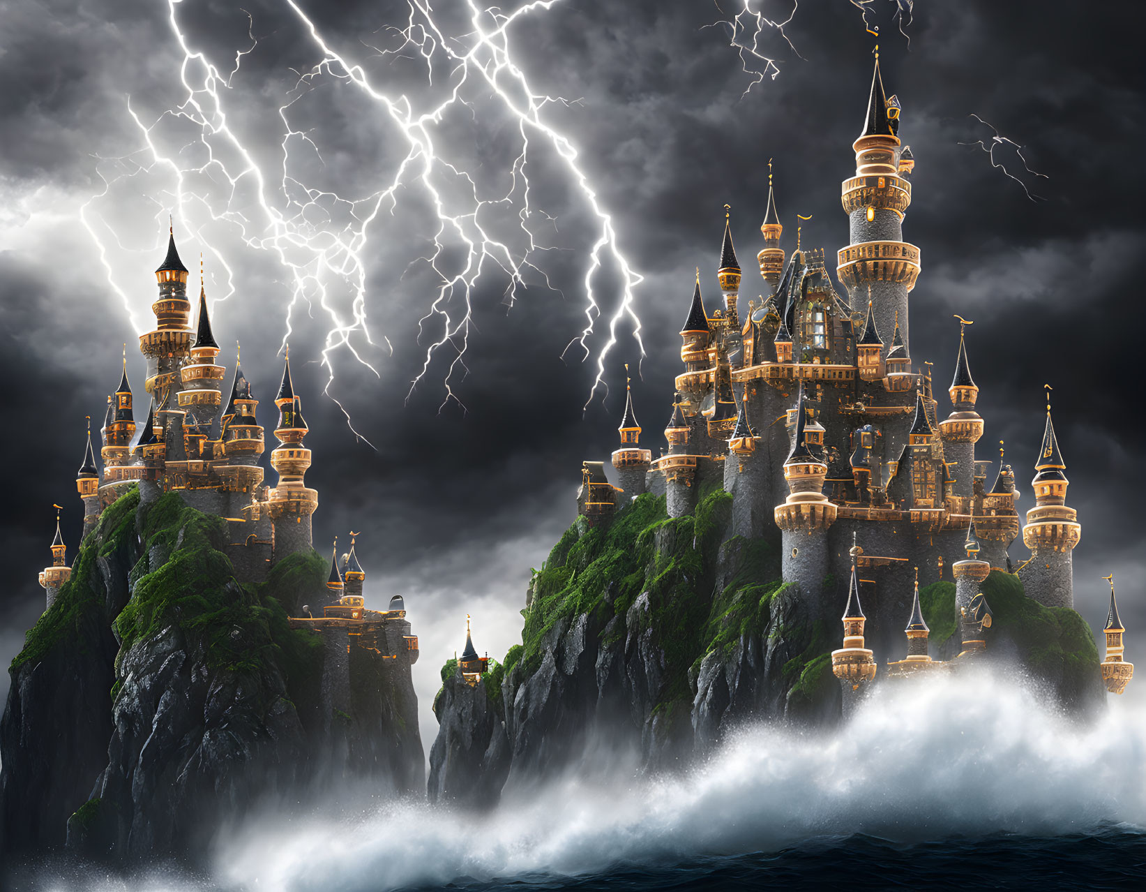 Majestic fantasy castle on rugged cliffs in stormy sky