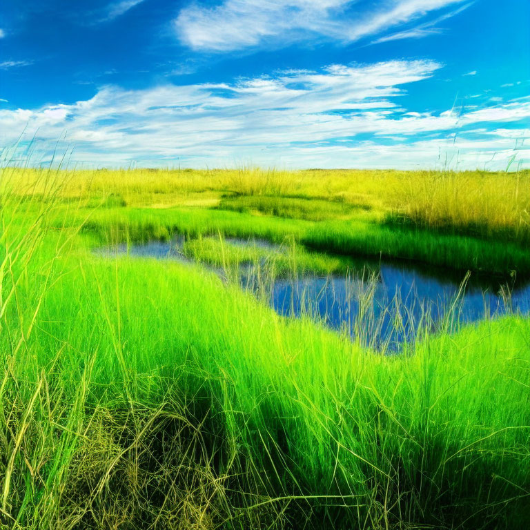 Lush green marshland with tall grasses by calm blue water