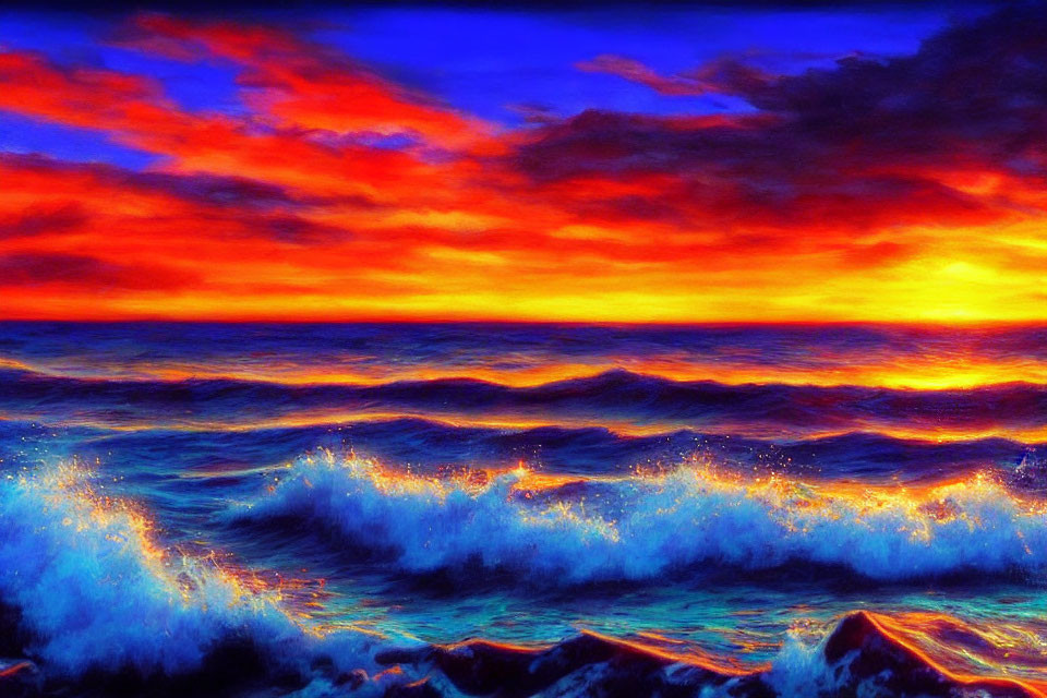 Colorful Sunset Over Ocean with Fiery Reds and Deep Blues