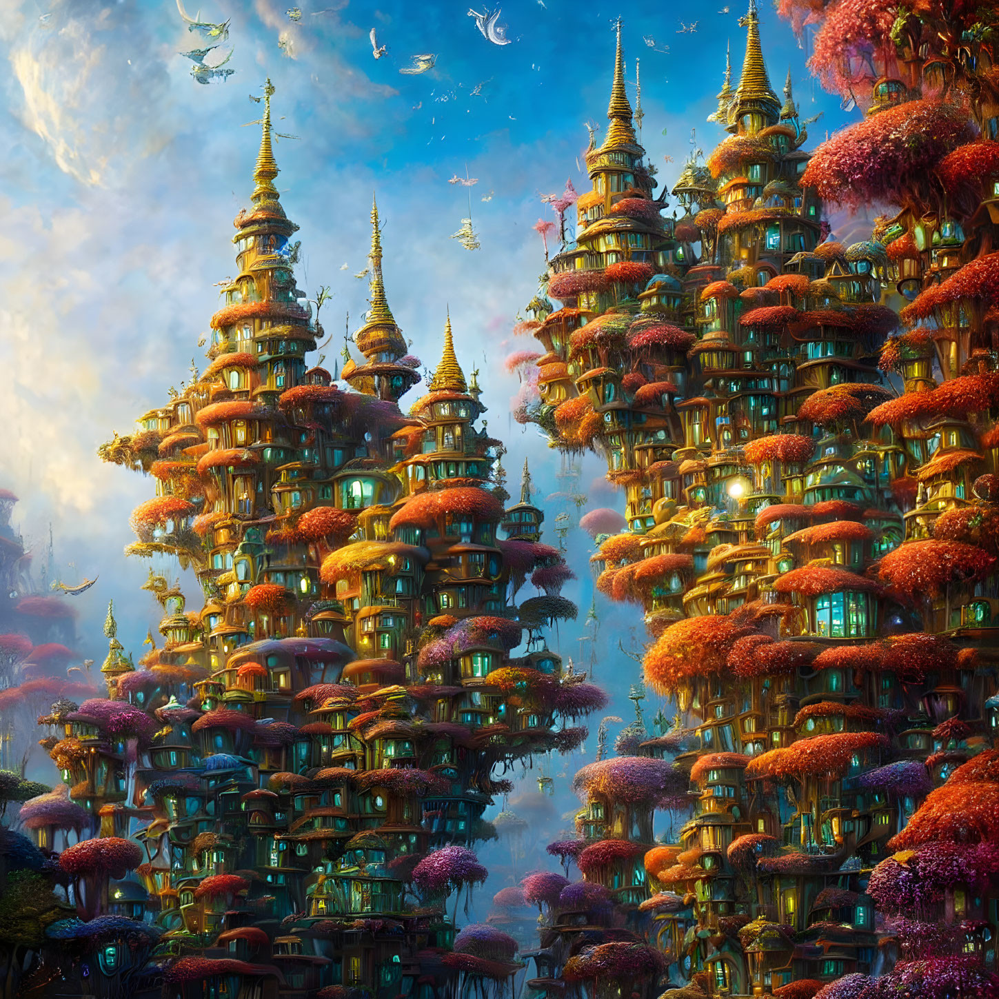 Fantasy landscape with pagoda-style structures and mushroom-covered trees.