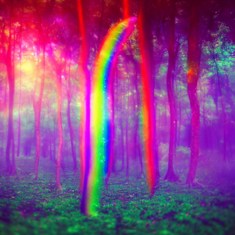 Vibrant rainbow in misty, purple forest with sun flares