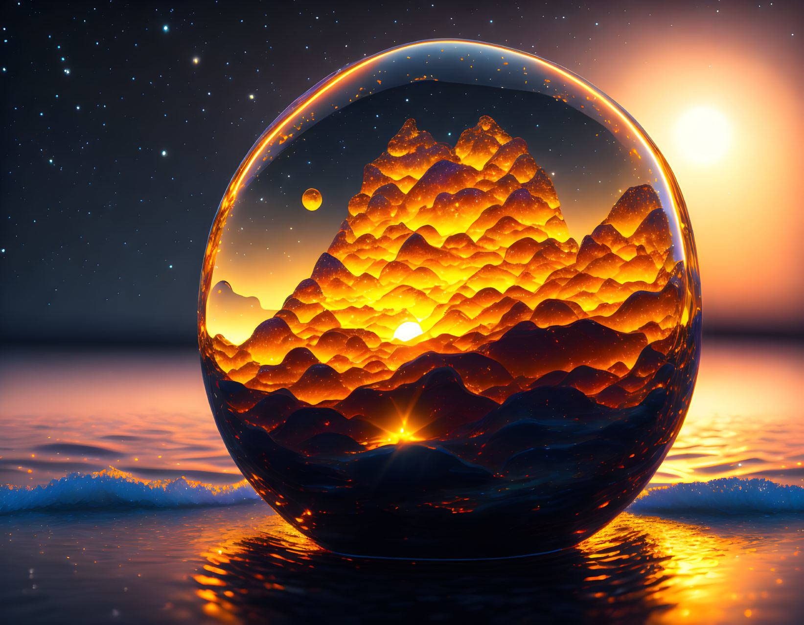 Crystal ball reveals mountain landscape at sunset