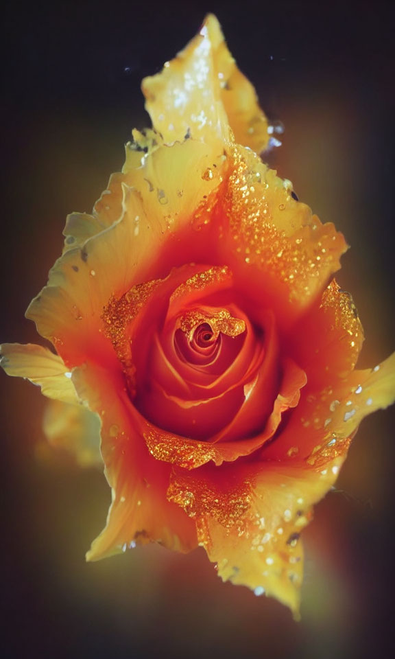 Vibrant orange rose with water droplets on petals