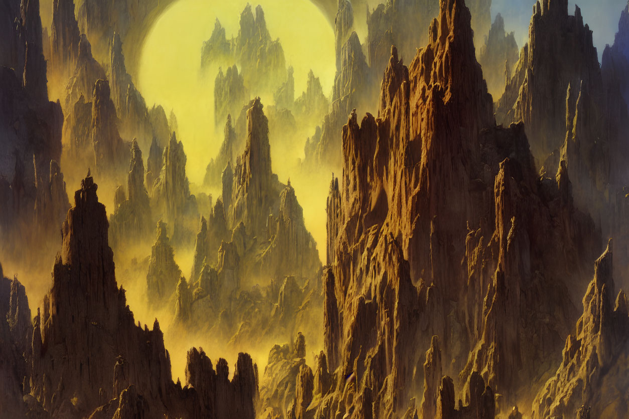 Majestic rock formations under large yellow sun