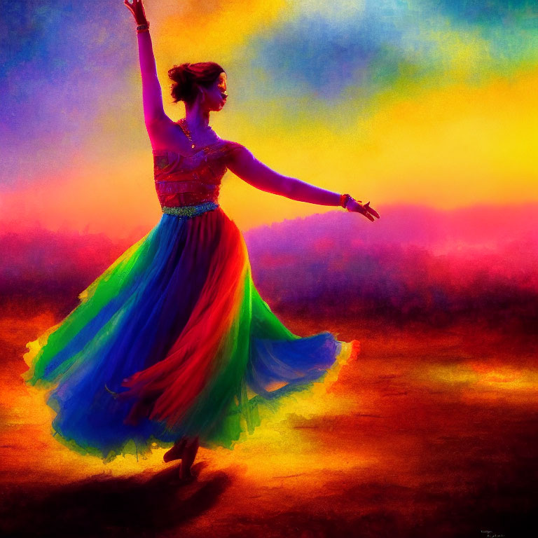 Colorful dancer twirls in vibrant dress against dreamlike backdrop