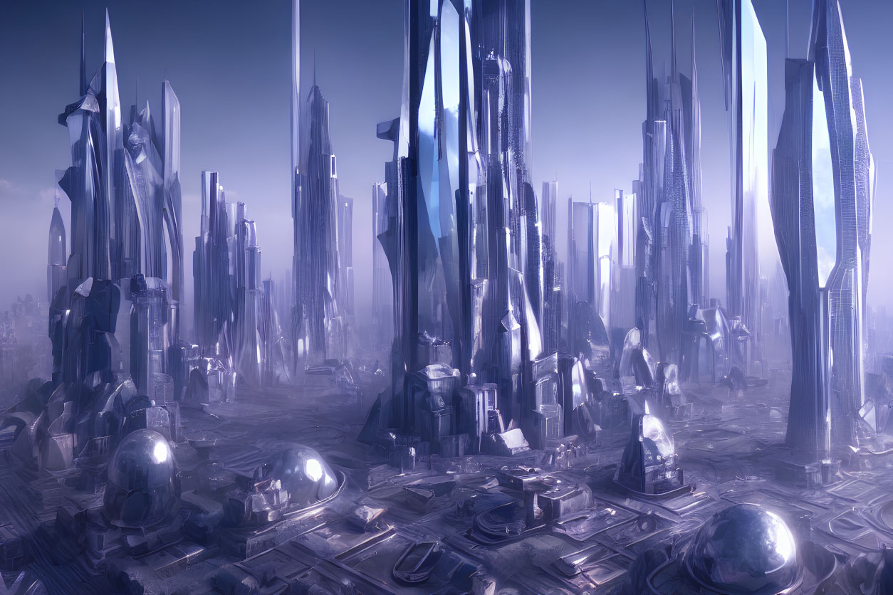 Futuristic cityscape with towering skyscrapers in monochromatic blue haze