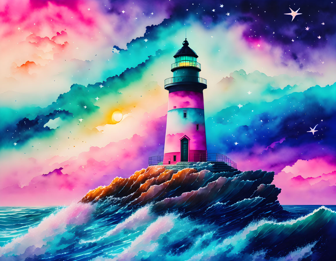 Colorful digital artwork: Lighthouse on rocky outcrop with vibrant sky & stylized waves