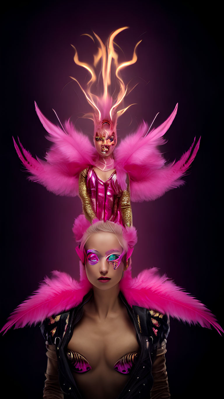 Portrait of person in pink and golden costume with flaming crown on dark background