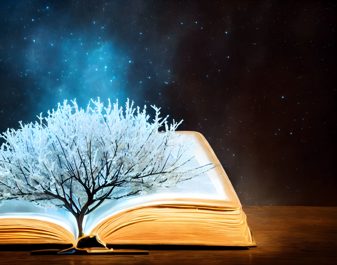 Open book transforming into tree with white branches under starry night sky