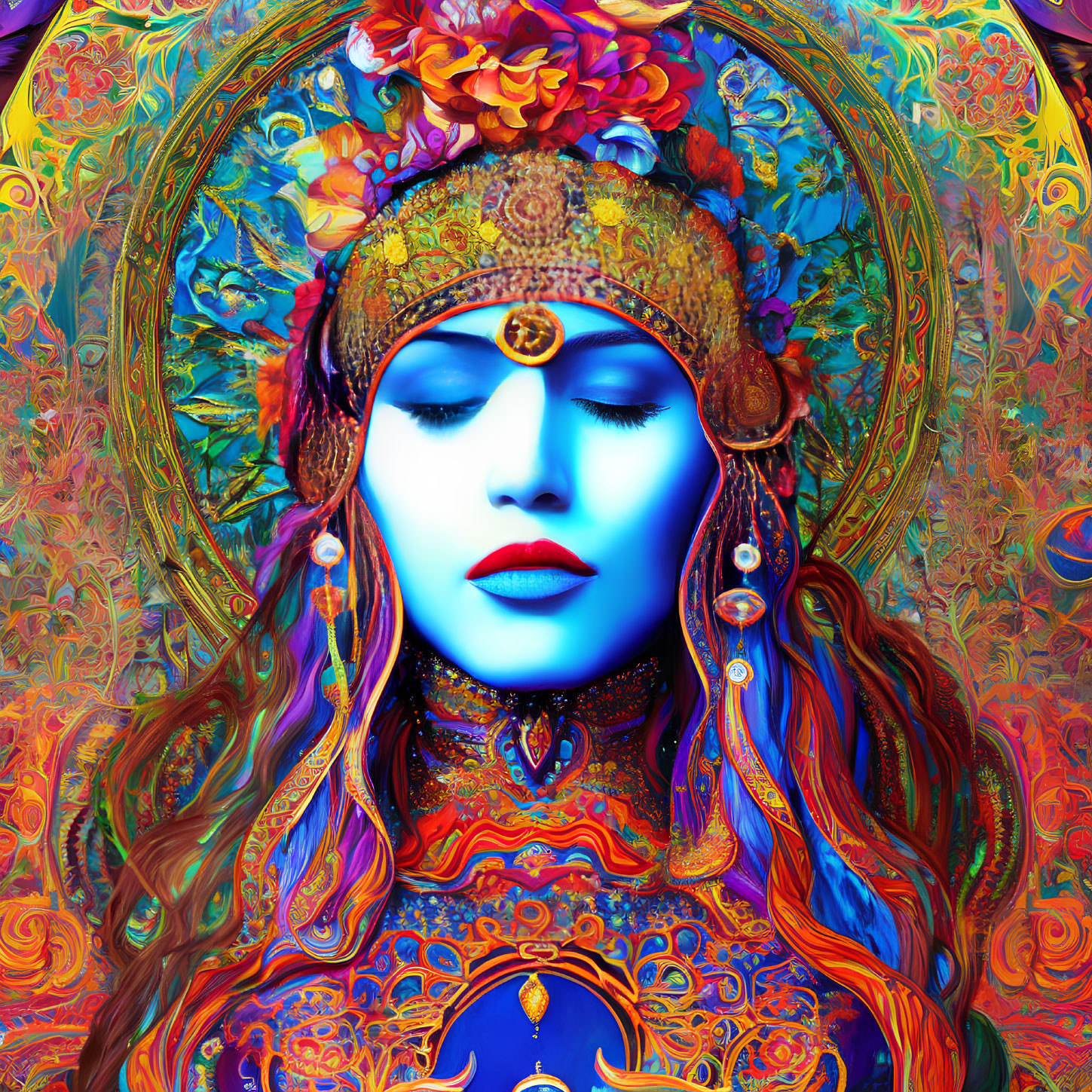 Colorful Psychedelic Portrait of Woman with Blue Skin and Ornate Headdress