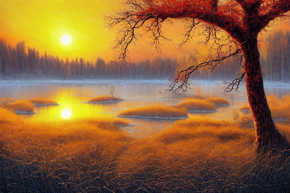 Tranquil sunset scene with misty lake, golden water, and red tree