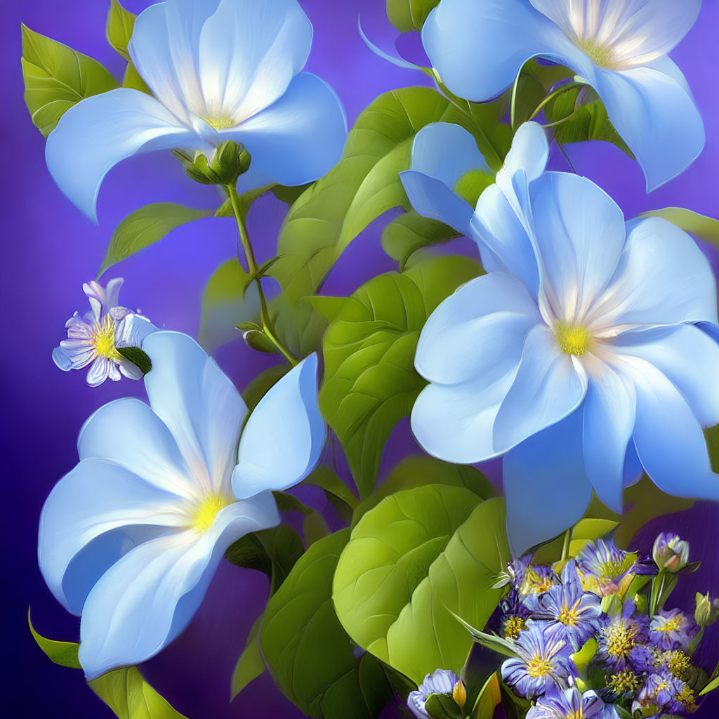 Bright blue flowers with white centers on purple background.