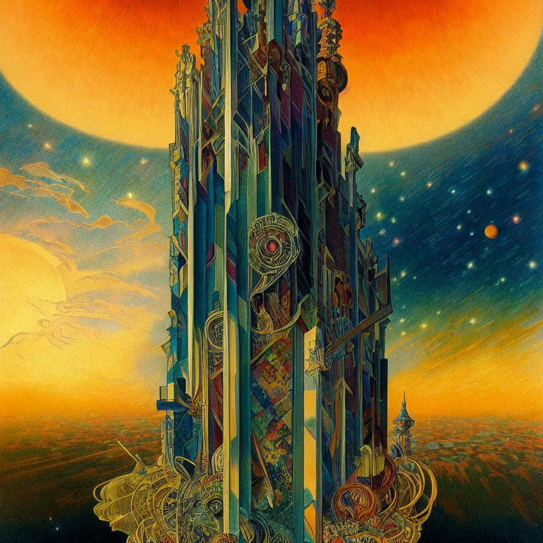 Fantastical ornate tower against sunset sky with stars and planets