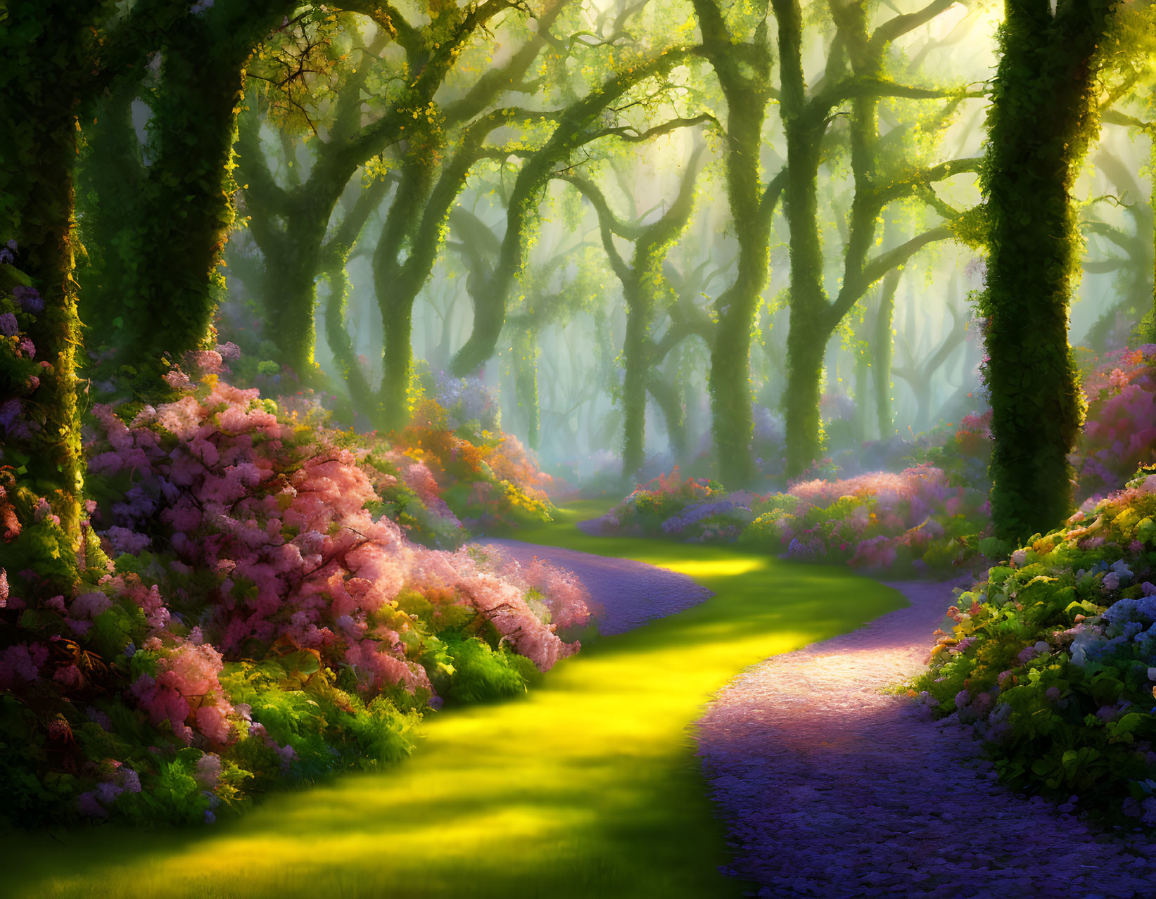 Mystical forest path with blooming hydrangeas and sunlight