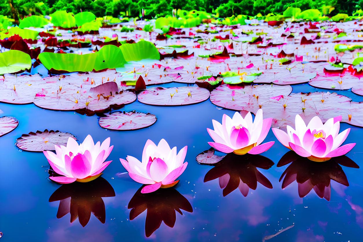 Pink Water Lilies Blooming on Green Lily Pads in Blue Pond