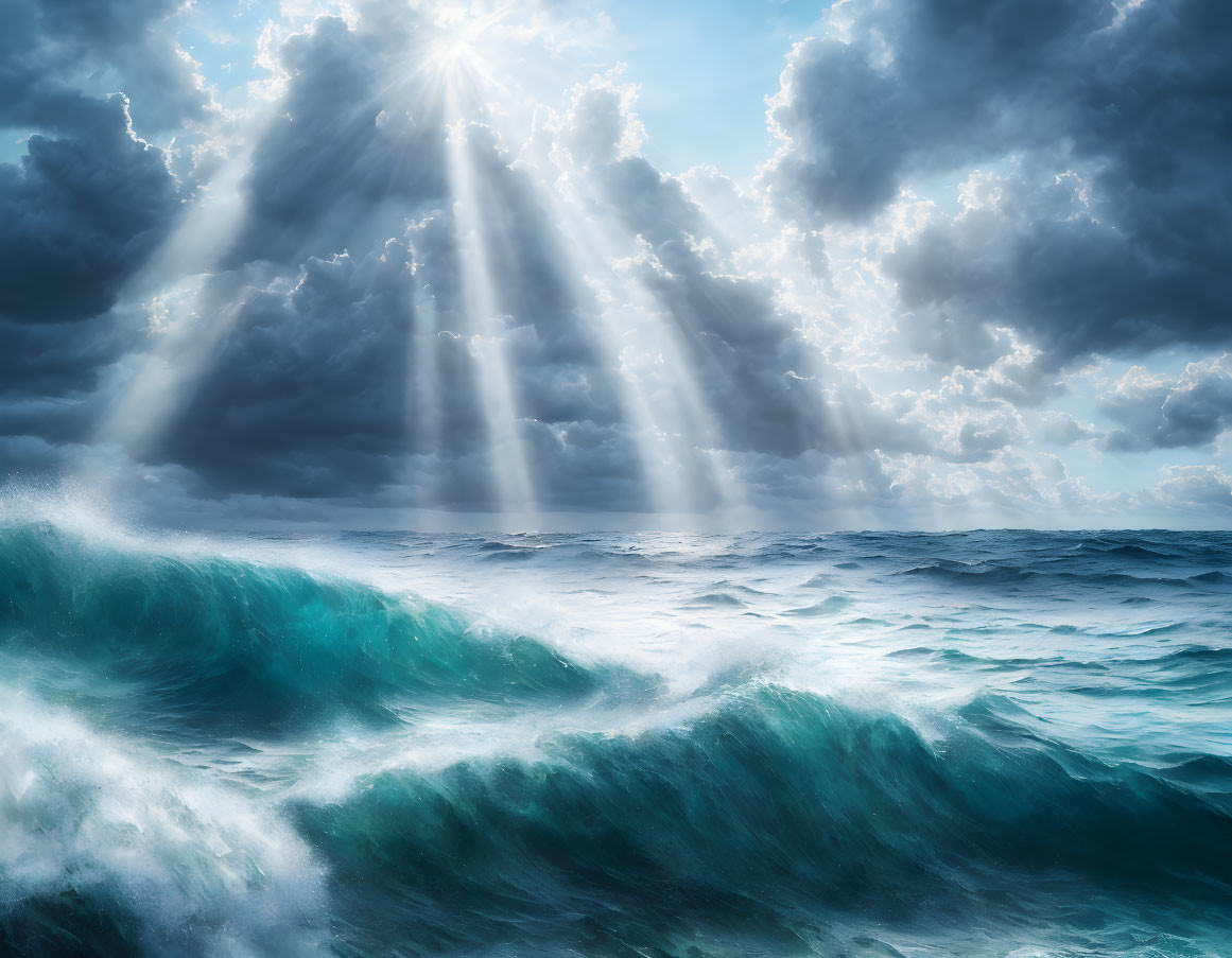 Sunbeams Through Stormy Clouds Above Tumultuous Ocean Waves