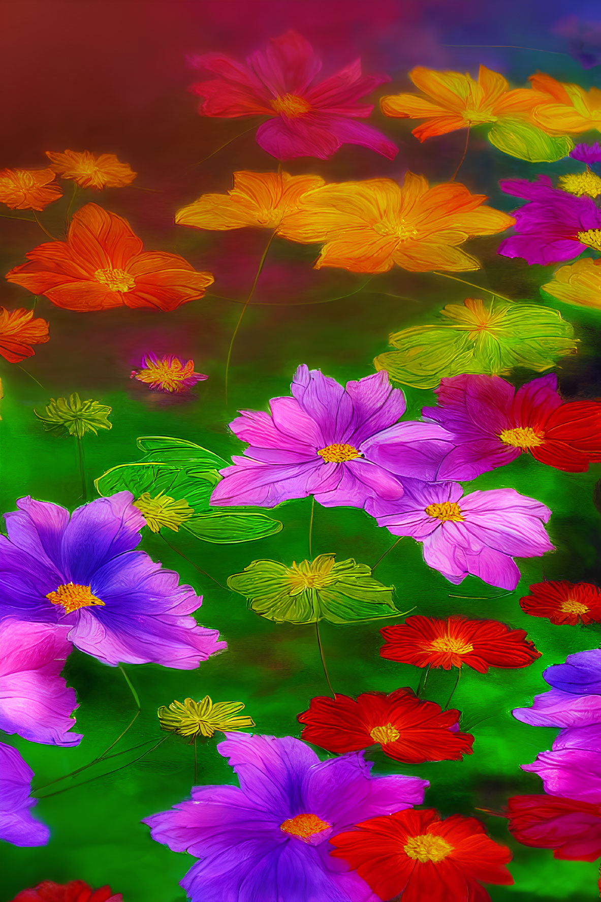 Colorful Vertical Display of Cosmos Flowers with Blurred Background