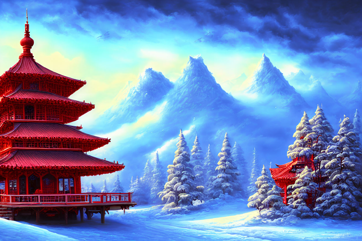 Traditional red pagoda in snowy landscape with pine trees and misty mountains at twilight