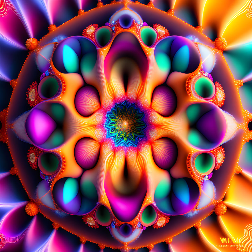 Colorful Fractal Image with Kaleidoscopic Pattern in Blue, Purple, Orange, and Yellow