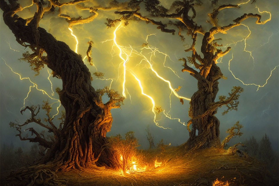 Ancient twisted trees under stormy sky with dramatic lightning in dark forest