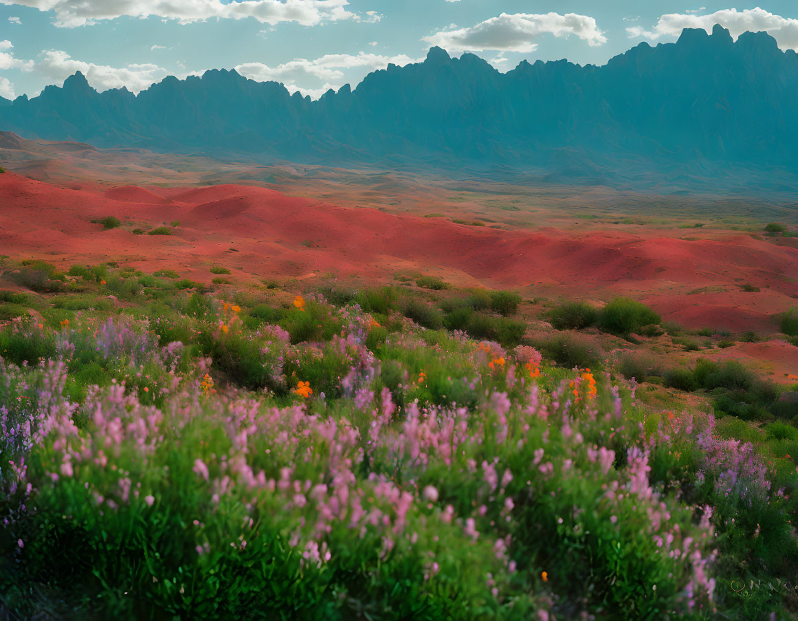 Colorful wildflowers, red hills, and mountain range under cloudy sky