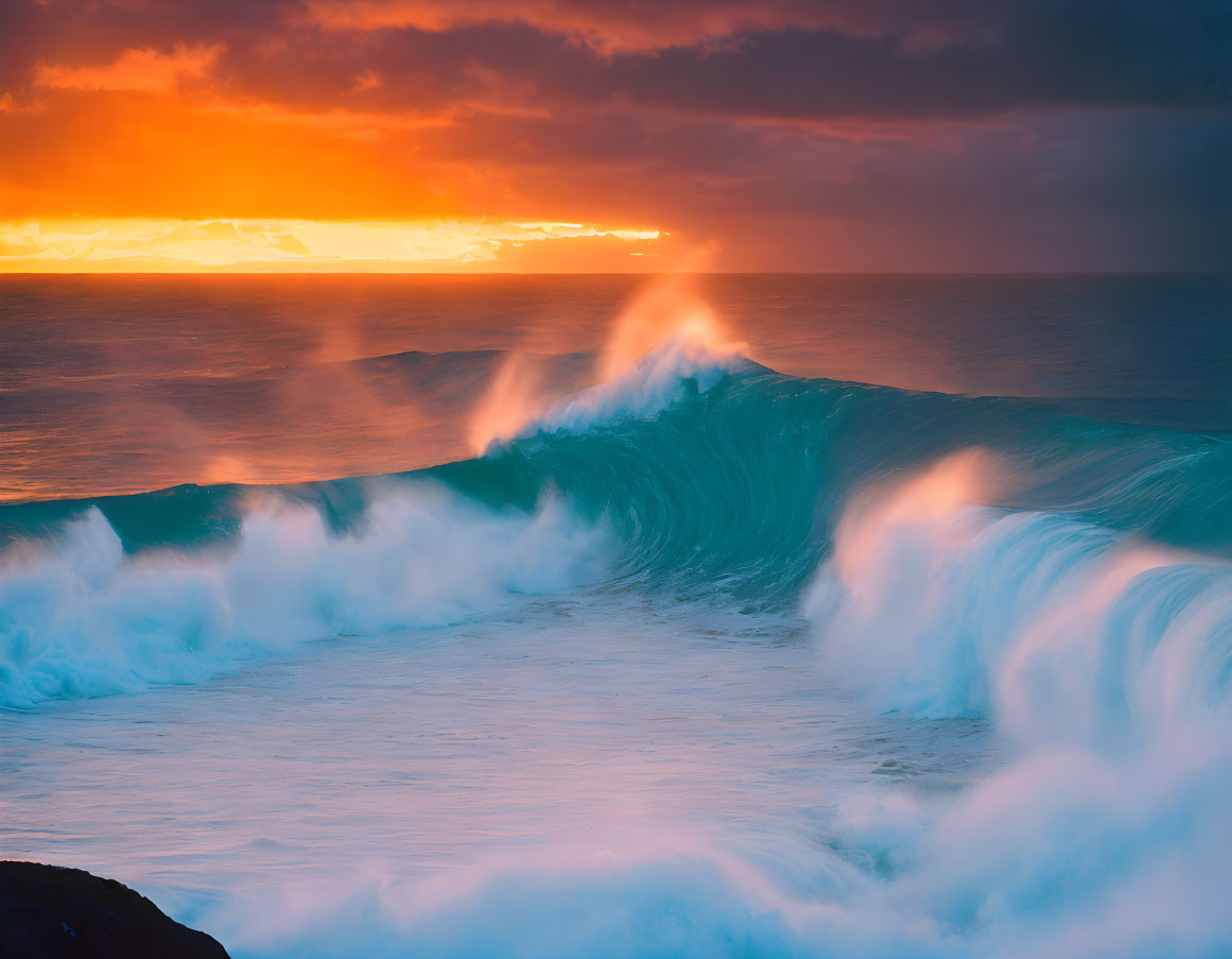 Colorful Ocean Wave Cresting at Sunset with Orange, Blue, and White Hues