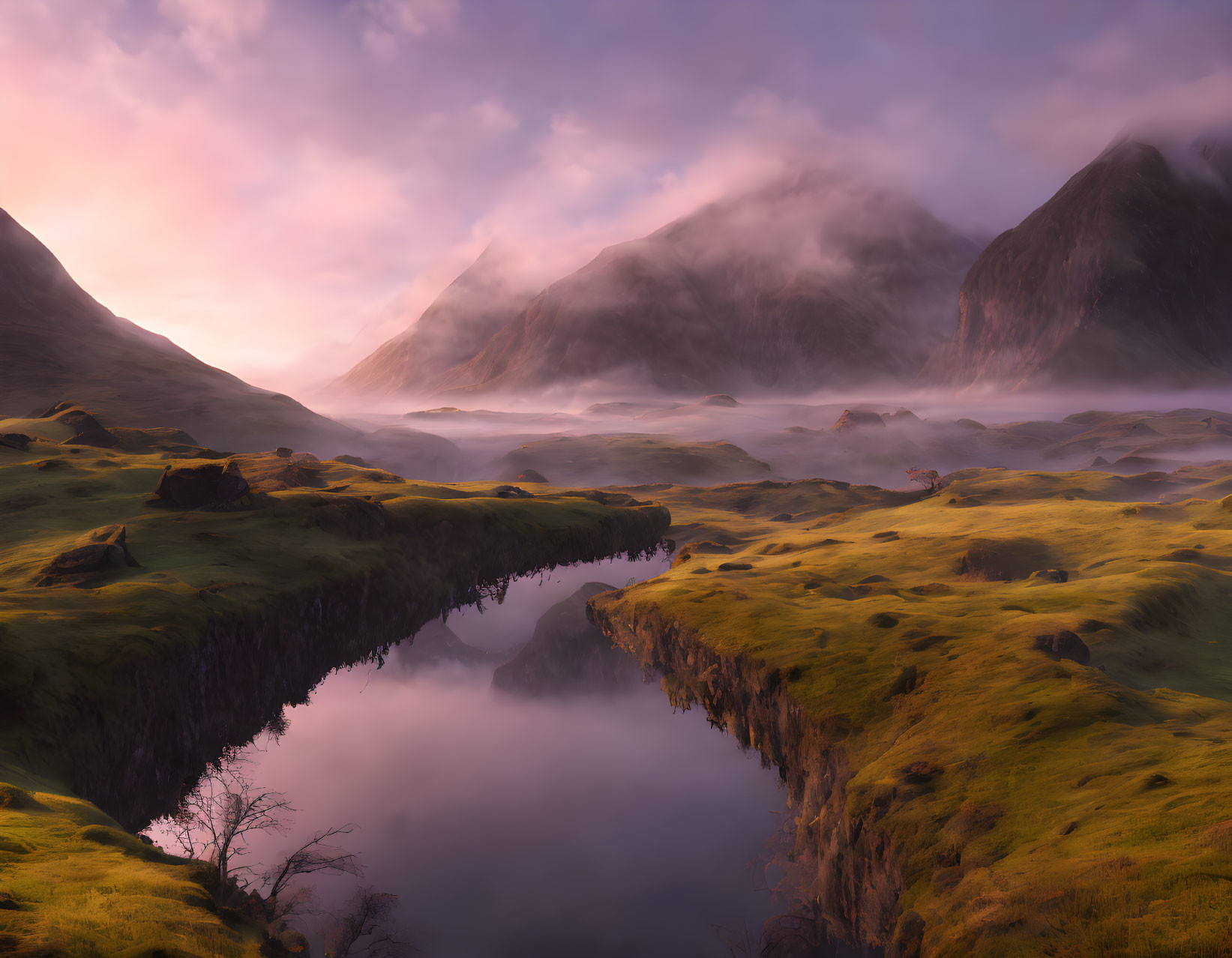 Tranquil landscape with misty mountains and serene river at dawn