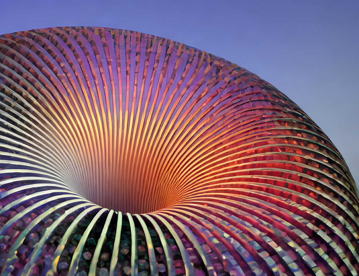 Circular Metal Sculpture with Intricate Pattern Against Gradient Sky