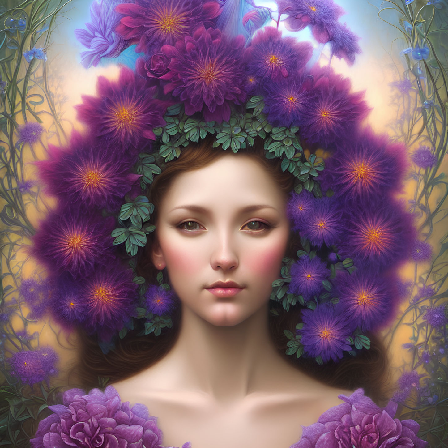 Woman with Radiant Skin Surrounded by Purple Flowers and Greenery