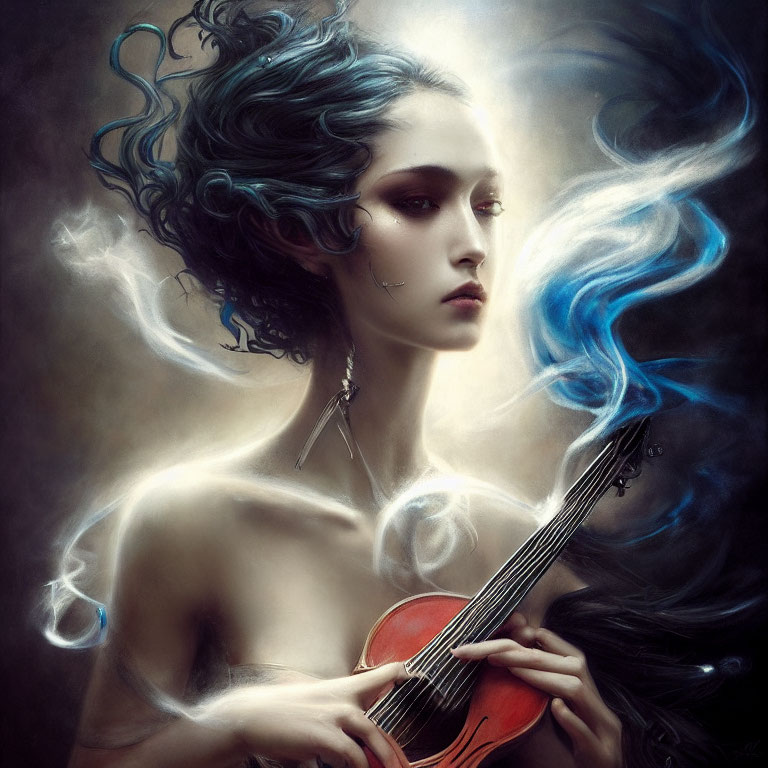 Whimsical artwork of person with blue-tinted hair holding guitar