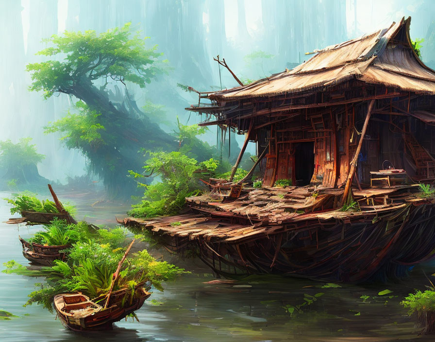 Rustic wooden house on stilts over river in lush forest