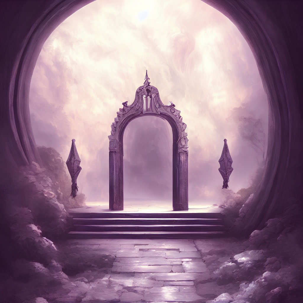 Mystical stone archway framed by swirling purple mists