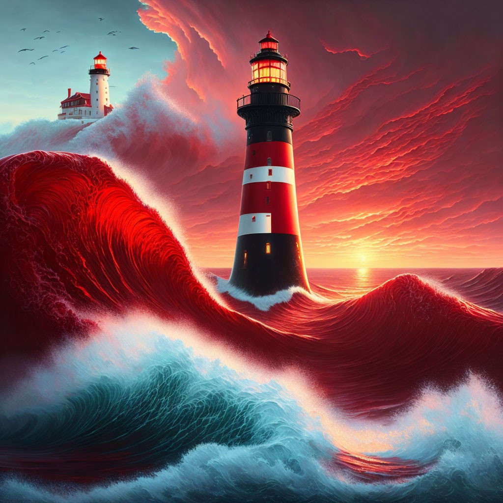 Vibrant artwork: lighthouse on cliff, red waves, dramatic sky.