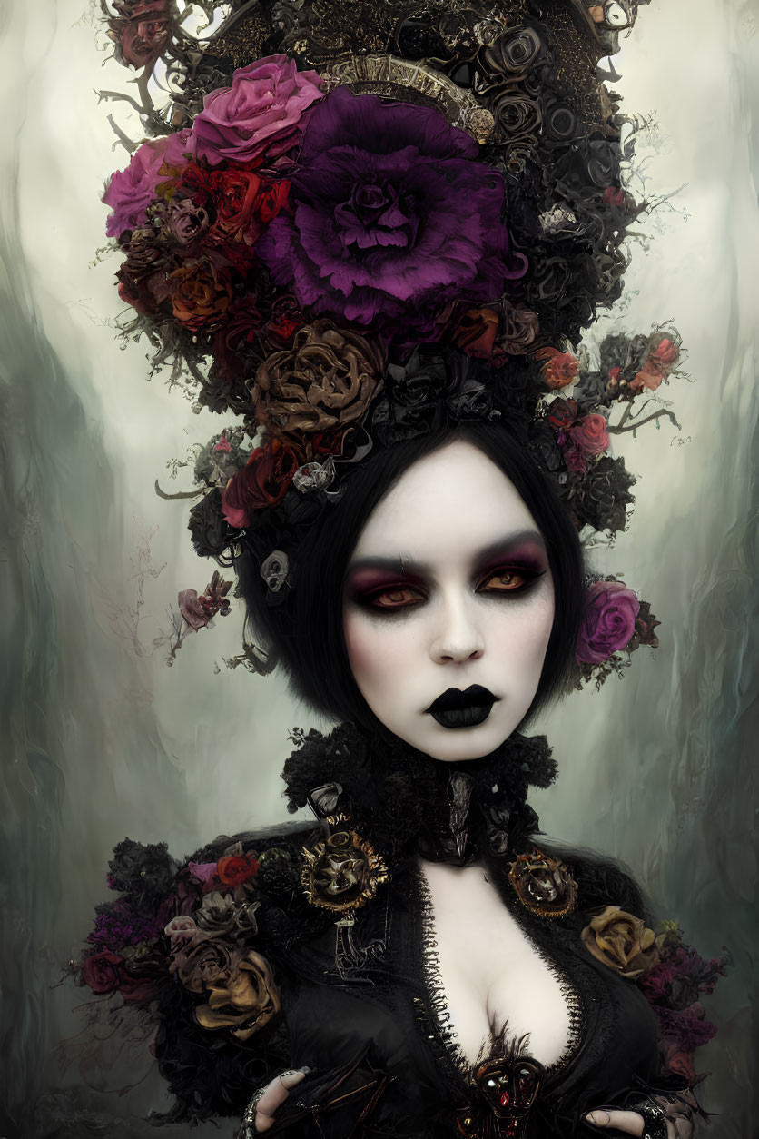 Gothic woman in dark corset with elaborate headdress in mystical setting