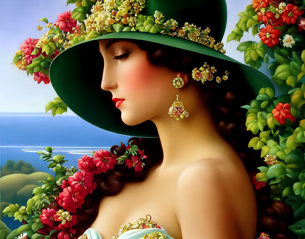 Woman with Red Cheeks in Green Floral Hat, Gold Earrings, Greenery Background