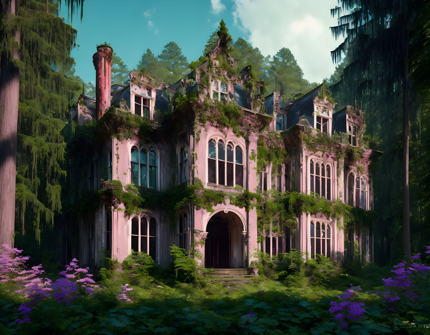 Abandoned mansion in lush forest with sunlight and purple flowers