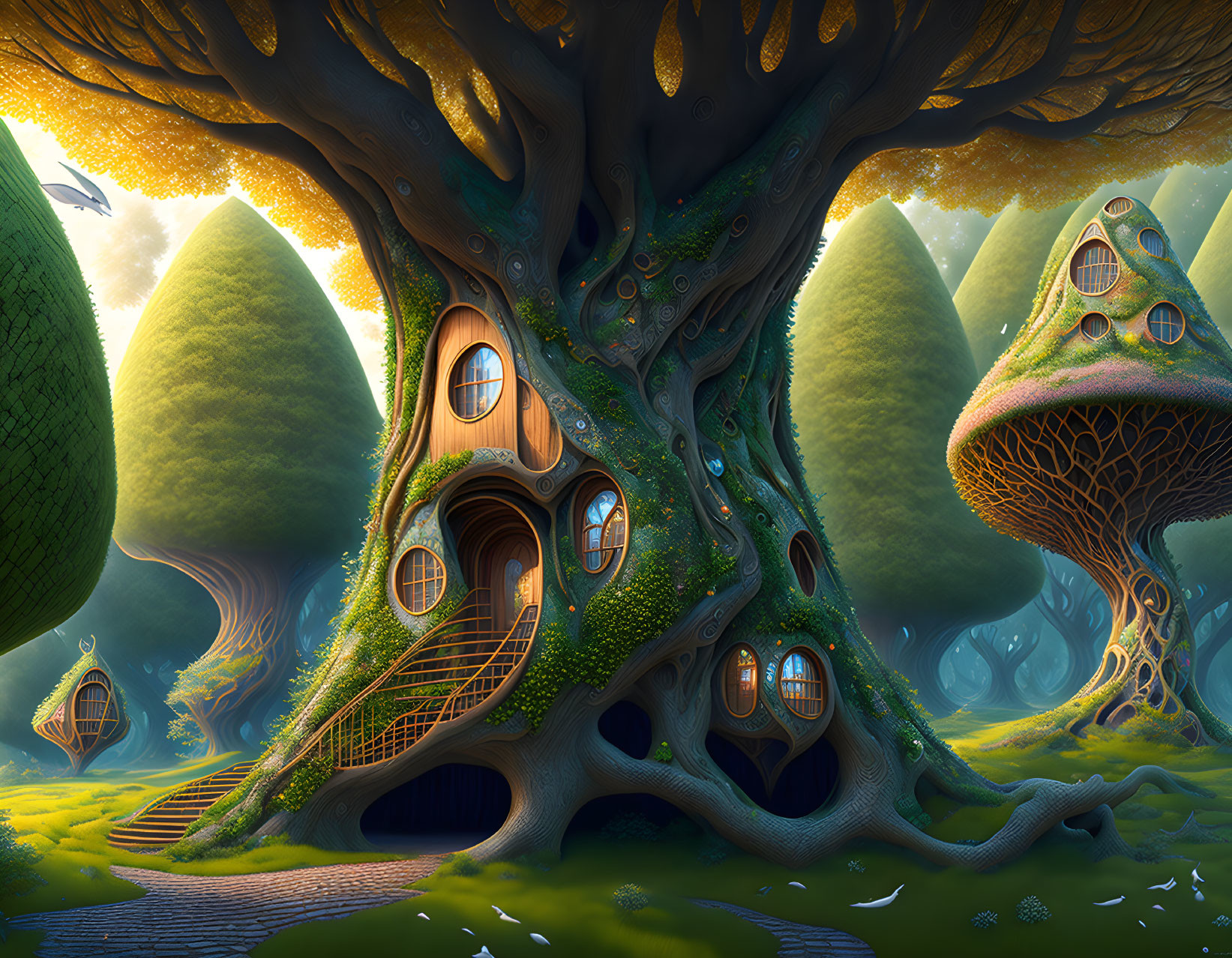 Fantastical treehouses in vibrant forest scene