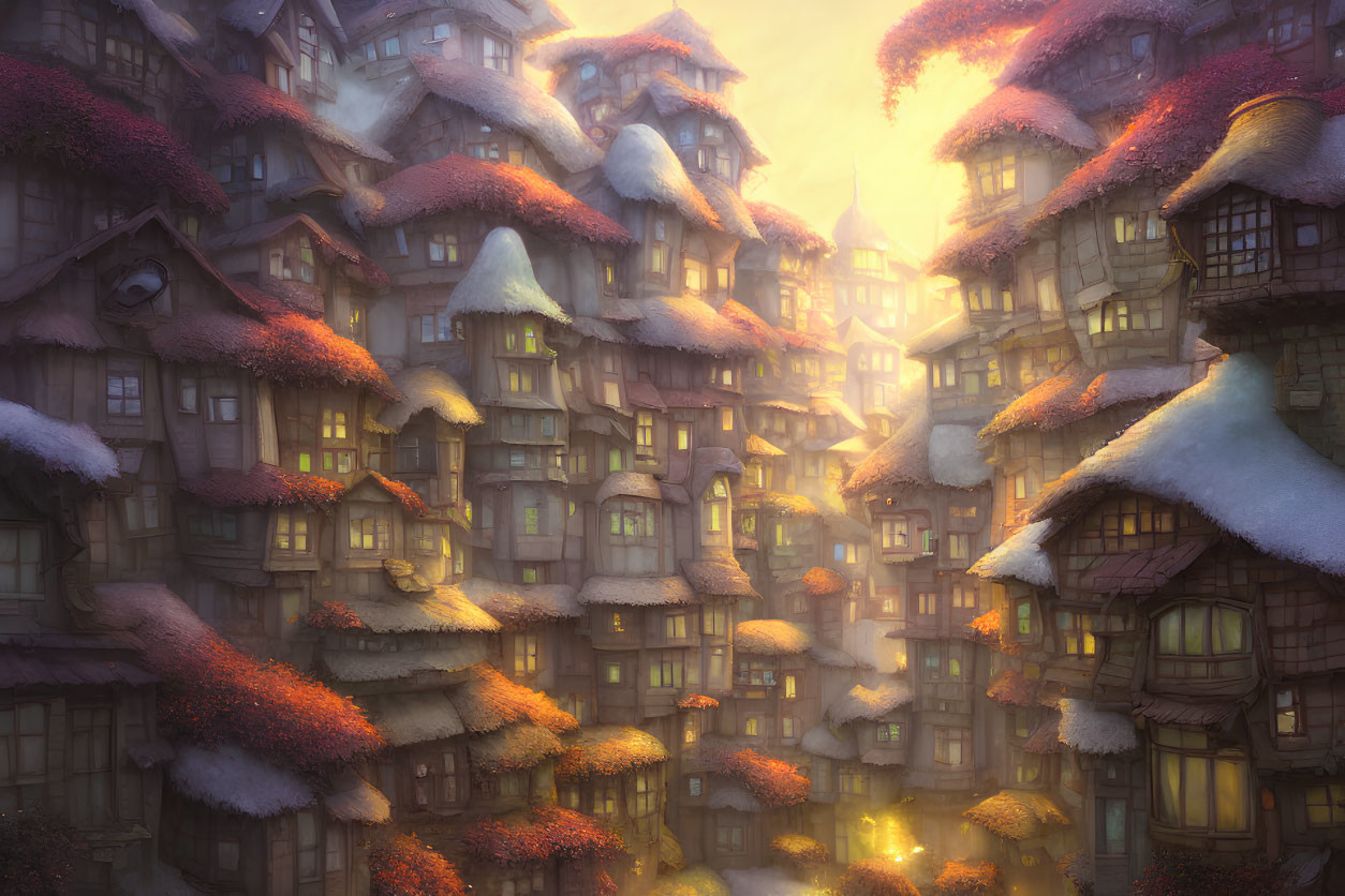 Snow-capped rooftops in enchanting village under golden sunset