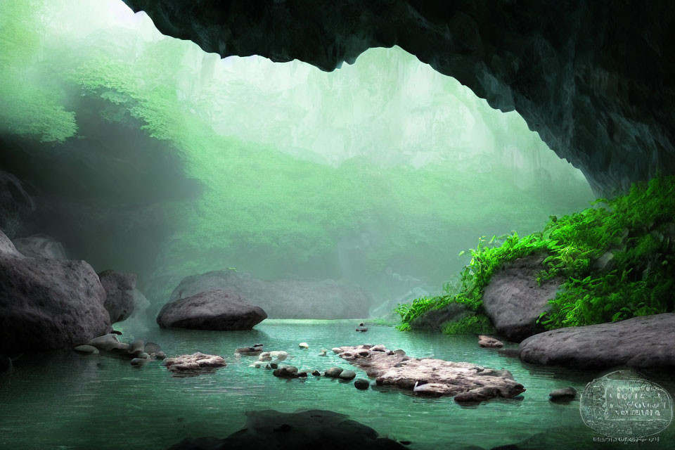 Tranquil pond in serene cave surrounded by rocks and lush green foliage