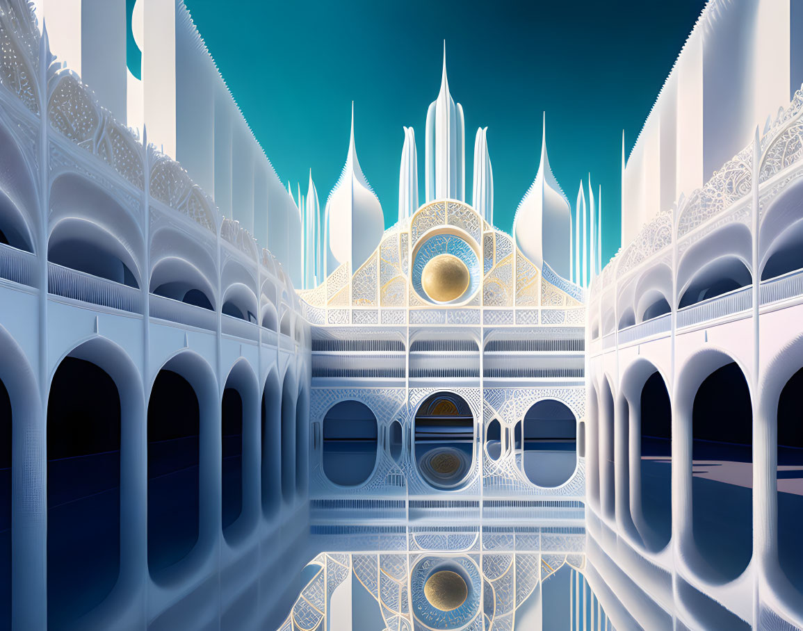 Symmetrical digital artwork of futuristic blue-and-white palace