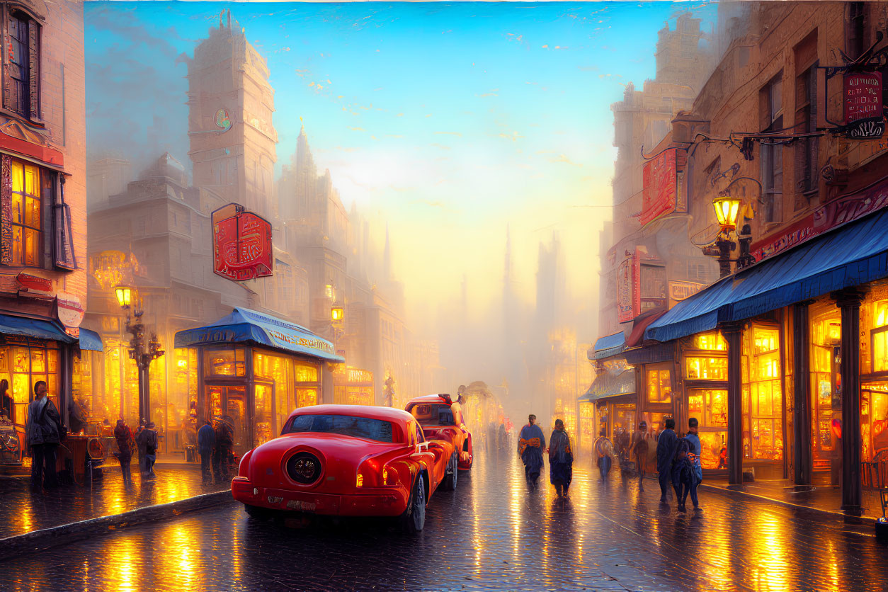 Vibrant street scene at dusk with vintage cars and historical architecture