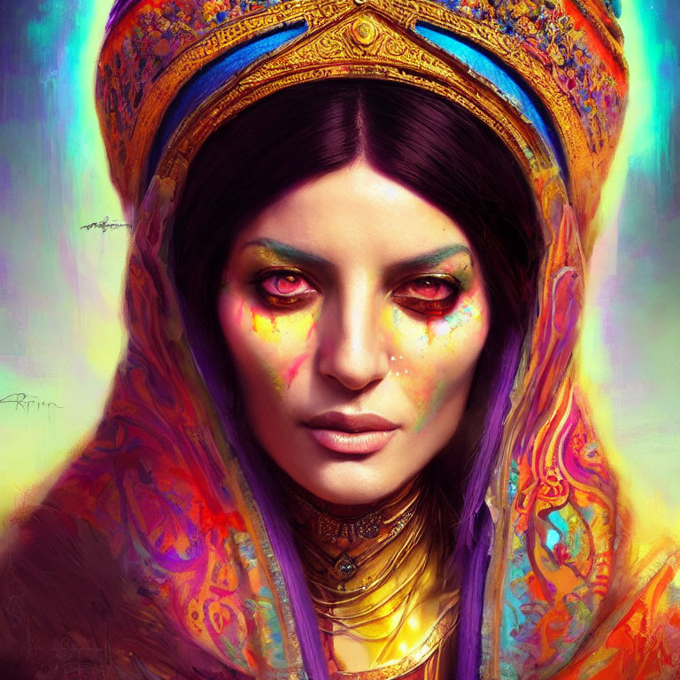 Vibrant digital artwork of a woman in culturally rich attire