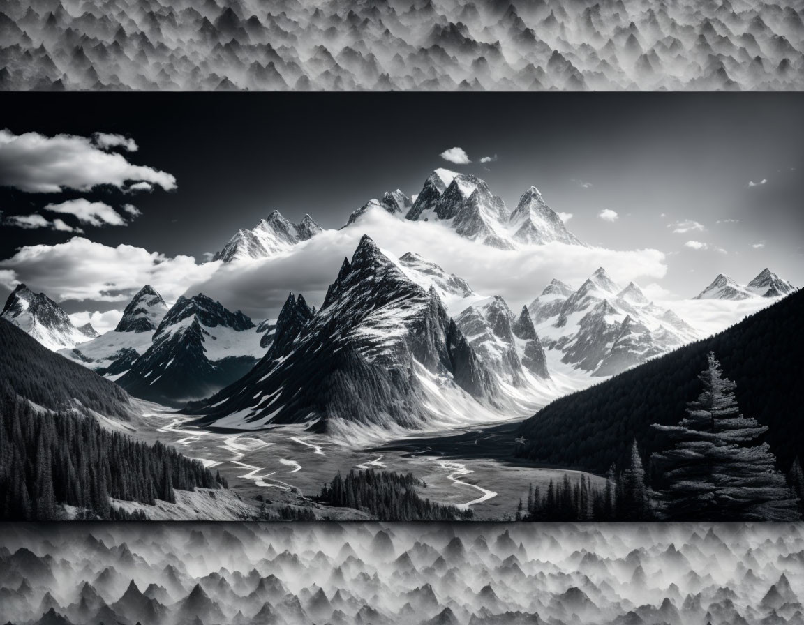 Majestic snow-capped mountains in monochrome landscape