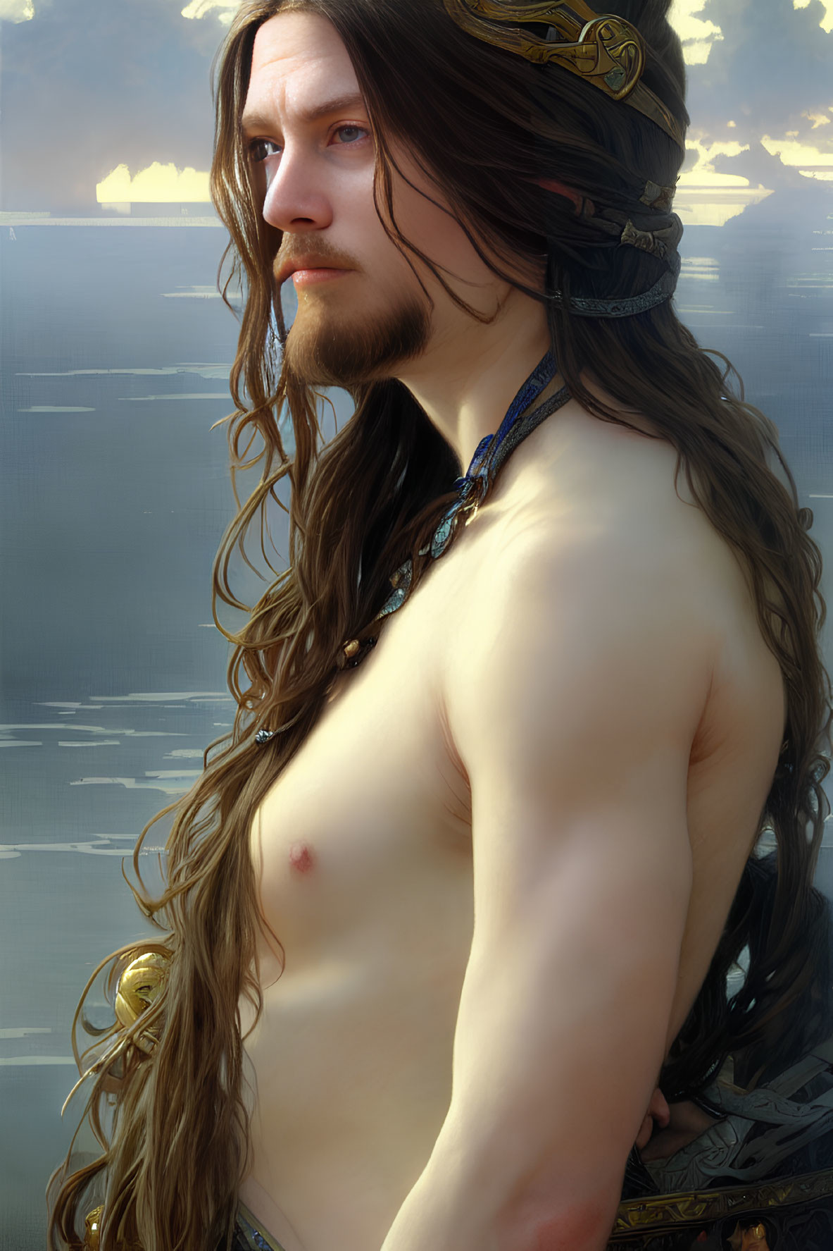 Man with headband gazes into distance against cloudy water backdrop