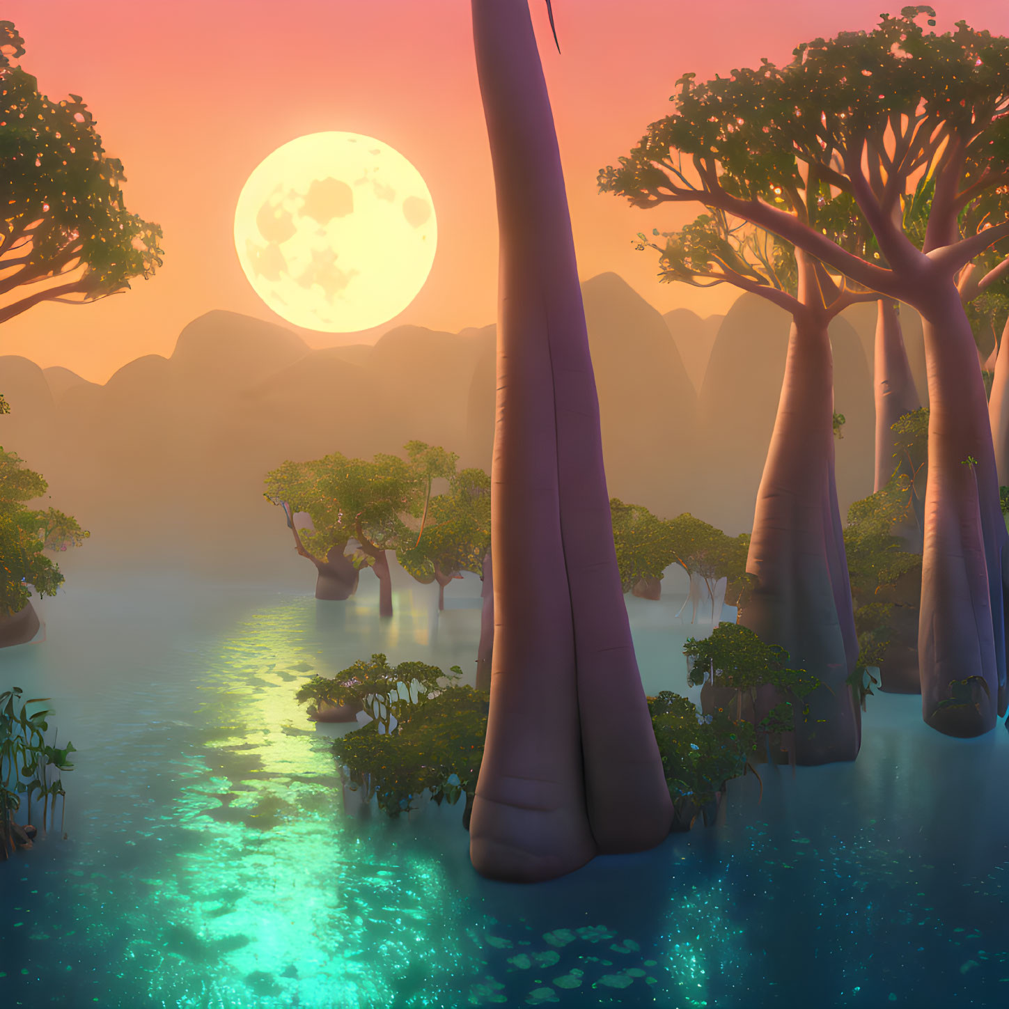 Fantasy landscape with luminescent waters, tall trees, and rising moon.