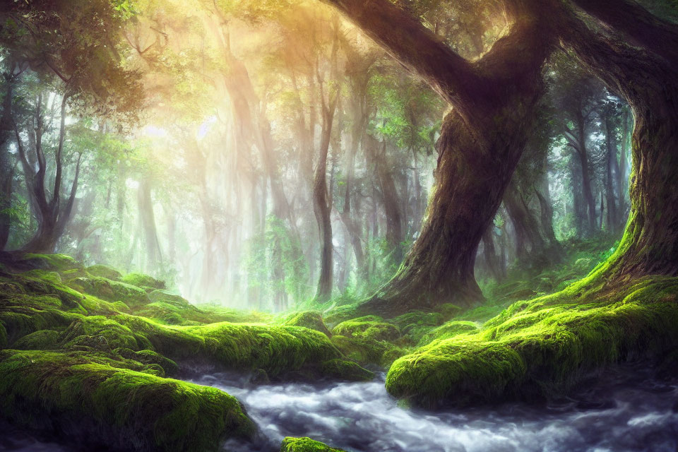 Sunlit mystical forest with dense trees, moss-covered grounds, and misty ambiance