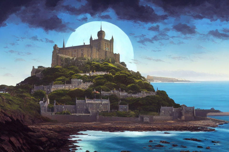 Majestic castle on lush hill overlooking sea